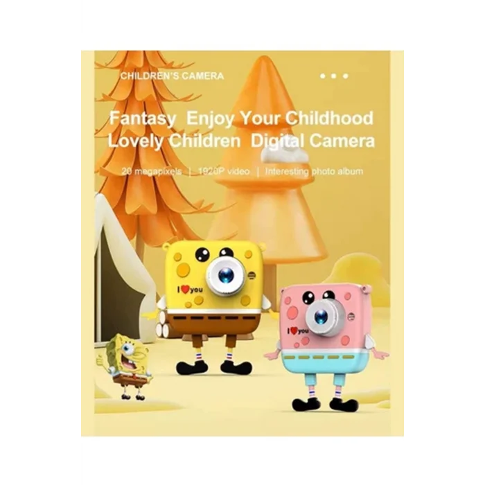 BUĞZ Sünger Bob Tasarımlı Yeni Nesil Çocuk Dijital Mini Fotoğraf Makinesi Çift Kamera
