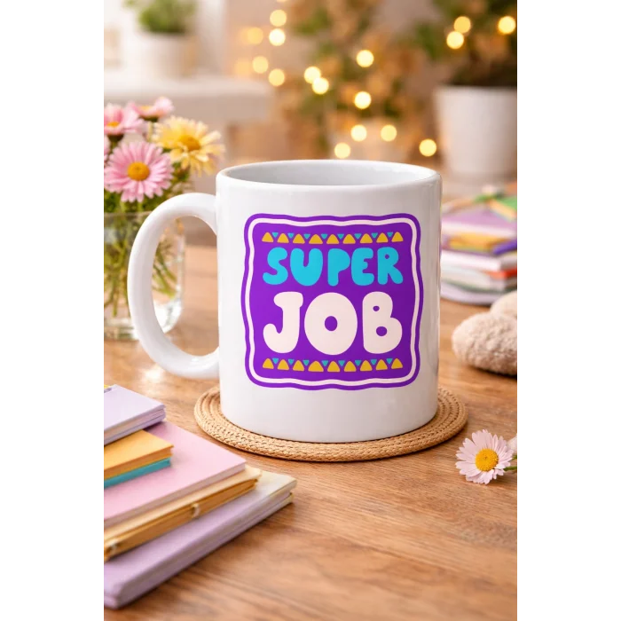 BUĞZ Super Job HARİKA İŞ ÇIKARDIN Yazılı Porselen Kupa MODEL 148 – Motivasyon Kupası – Başarı Tebrik Hediyesi – Ofis & Ev İçin Moral Veren Kahve Kupası