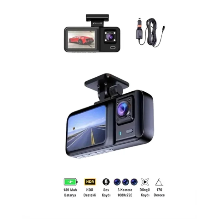 BUĞZ Sürüş ve Park Halinde Kesintisiz Güvenlik İçin 3 Kameralı Profesyonel Dashcam - Lisinya