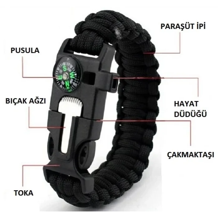 BUĞZ Çok Amaçlı Kamp Bilekliği - Düdük, Çakı, Çakmaktaşı, Pusula ve Paraşüt İpi Dahil BX-313573