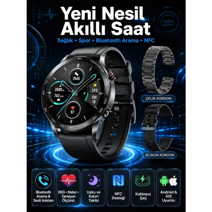 BUĞZ Suya Dayanıklı Dokunmatik Akıllı Saat Bluetooth 5.0, Sesli Asistan ve Sağlık Takibi