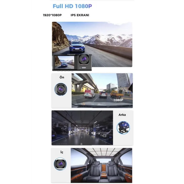  TA-01 Siyah 1080p Araç içi 3 Kameralı Lcd Ekranlı Gece Görüşlü , G-sensör , Geri Görüş Kamera