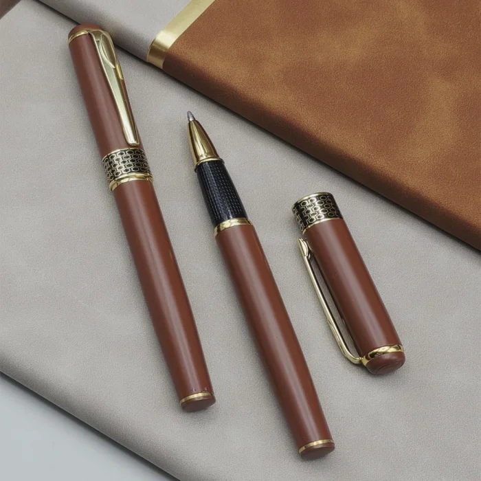BUĞZ Taba Rengi Gold Detaylı Termo Deri Defter Ve Metal Roller Kalem Hediye Seti