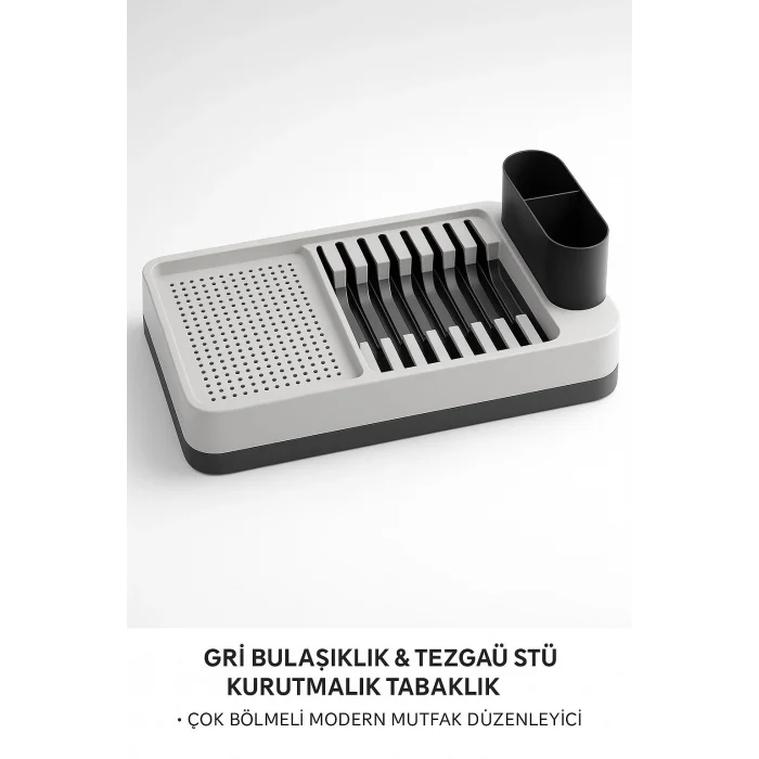 BUĞZ Tabak Bölmeli Tezgah Üstü Gri Bulaşıklık Bardak Kaşık Kurutmalık Mutfak Standı