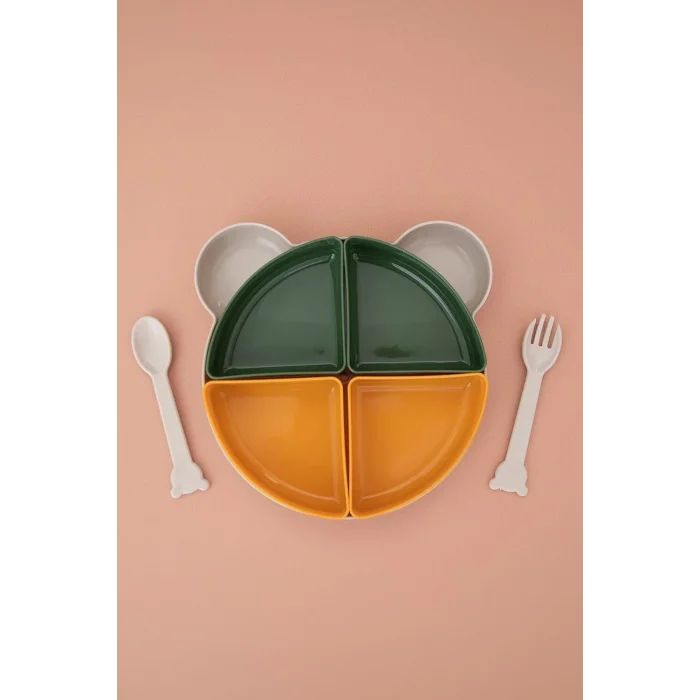 BUĞZ Tabldot Mama Tabağı Çıkarılabilir Kaseli -Tepsili 4 Bölmeli Çatal Kaşıklı Ayıcık Beslenme Kabı