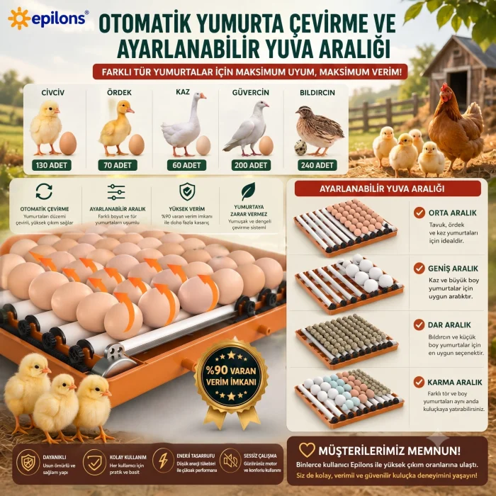 BUĞZ Tam Otomatik Kuluçka Makinesi 130 Yumurta Kapasiteli - Akıllı Isı ve Nem Kontrollü, Ayarlanabilir Viyol, Otomatik Su Sistemli ( BUĞZ )