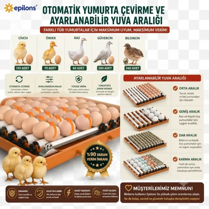BUĞZ Tam Otomatik Kuluçka Makinesi 130 Yumurta Kapasiteli | Akıllı Isı ve Nem Kontrolü | Otomatik Yumurta Çevirme | Otomatik Su Sistemi | Ayarlanabilir Viyol ( BUĞZ )