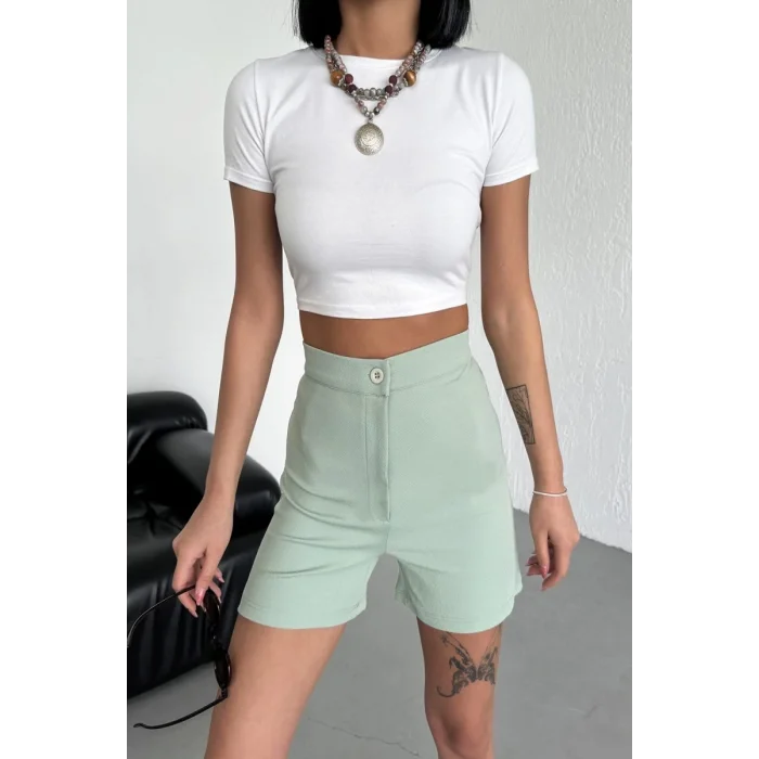 BUĞZ Tarz ve Rahatlığı Bir Arada Sunan Yüksek Bel Esnek Likralı Krep Şort Su Yeşili ( BUĞZ )