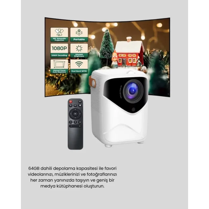 BUĞZ Taşınabilir Akıllı 1080P Projektör – 64GB Hafıza, 2GB RAM, Full HD Görüntü, Kumandalı - Lisinya