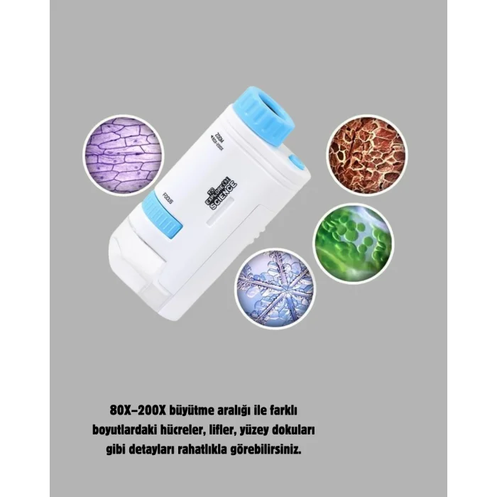 BUĞZ Taşınabilir Eğitim Mikroskobu 80X–200X LED Işıklı ve Darbeye Dayanıklı