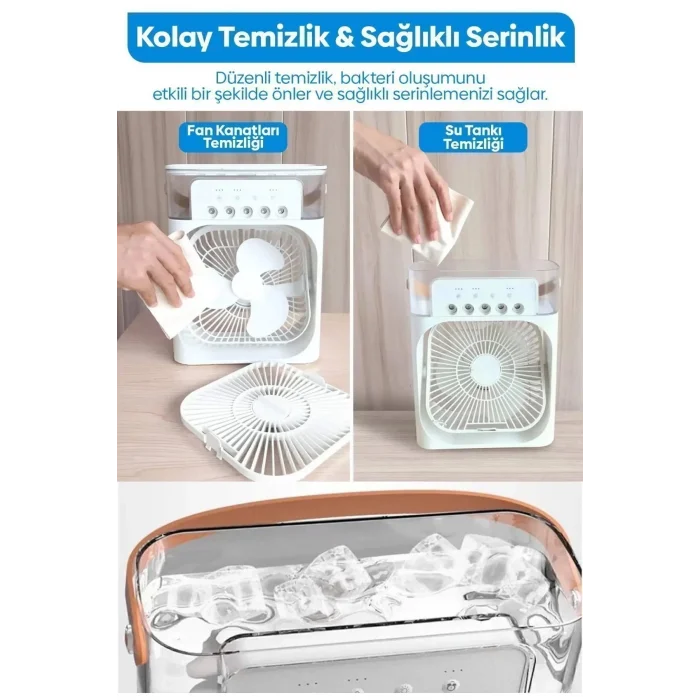 BUĞZ Taşınabilir Işıklı 5 Spreyli Vantilatör Buzlu Buharlı Vantilatör Mini Fan Nemlendirici