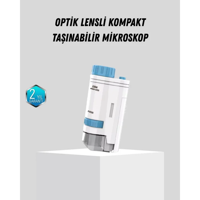 BUĞZ Taşınabilir Mini Mikroskop LED Işıklı 80X–200X Büyütmeli ve Odak Ayarlı
