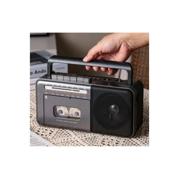 BUĞZ Taşınabilir nostaljik radyo kaset çalar FM radyo USB MP3 çalar Bluetooth hoparlör gri