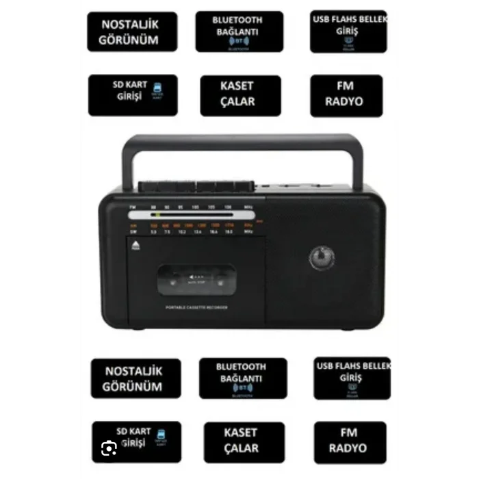 BUĞZ Taşınabilir nostaljik radyo kaset çalar FM radyo USB MP3 çalar Bluetooth hoparlör siyah