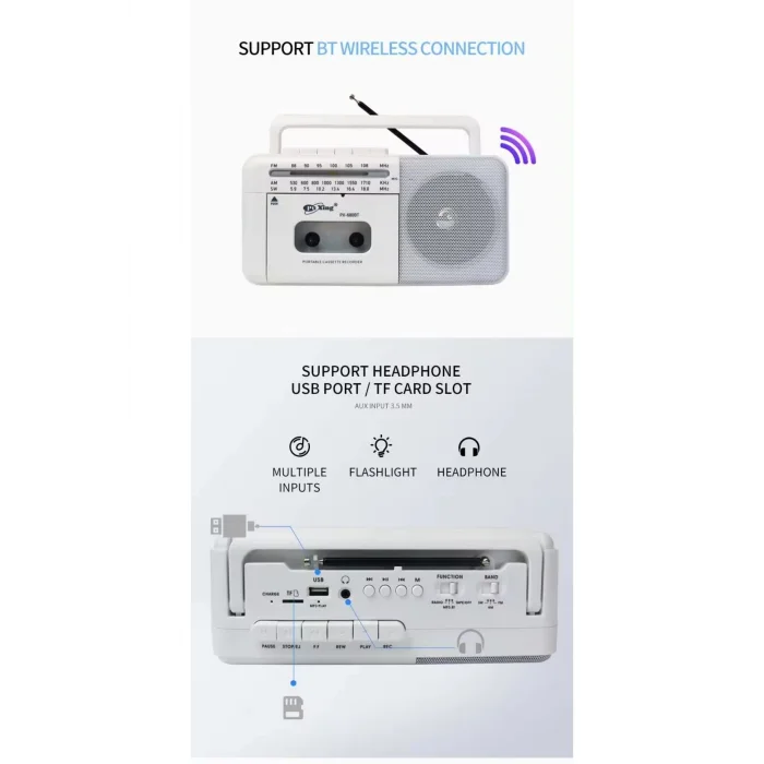 BUĞZ Taşınabilir nostaljik radyo kaset çalar FM radyo USB MP3 player Bluetooth hoparlör beyaz