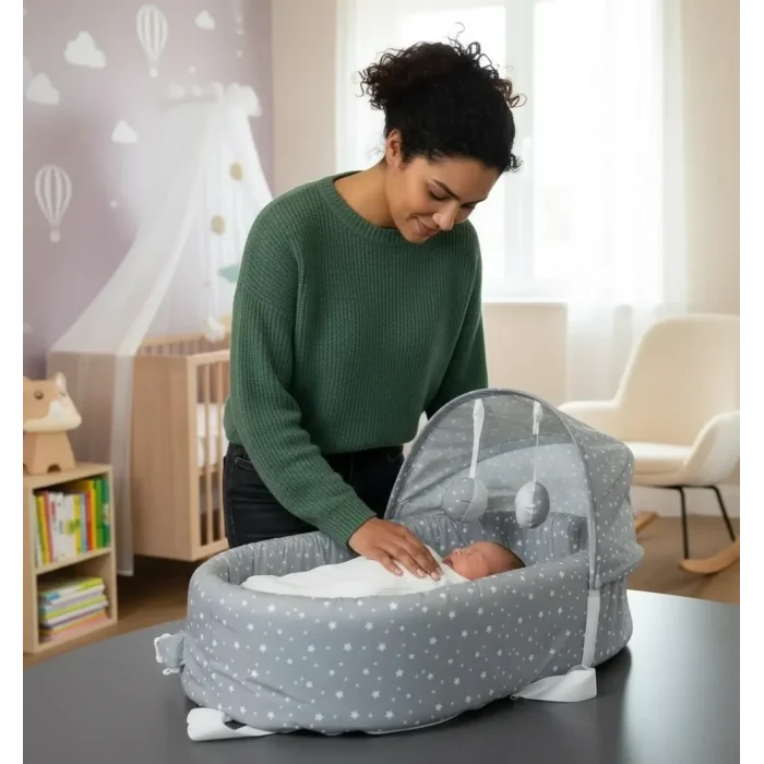 BUĞZ Taşınabilir Portatif Bebek Yatağı,Sırt Çantasına Dönüşebilen Portatif Bebek Beşiği (Gri) ( BUĞZ )
