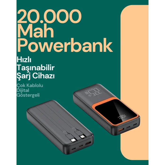  Taşınabilir Şarj Cihazı 20000 mAh | 22.5W Hızlı Şarj + Dijital Ekran + Kablo Dahil
