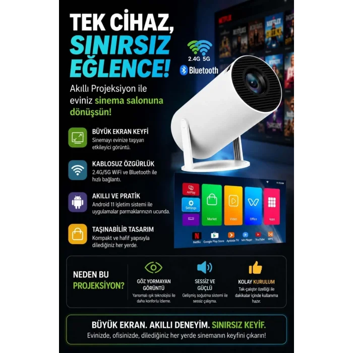 BUĞZ Taşınabilir sinema projektörü Bluetooth Android 11 akıllı projeksiyon wifi beyaz