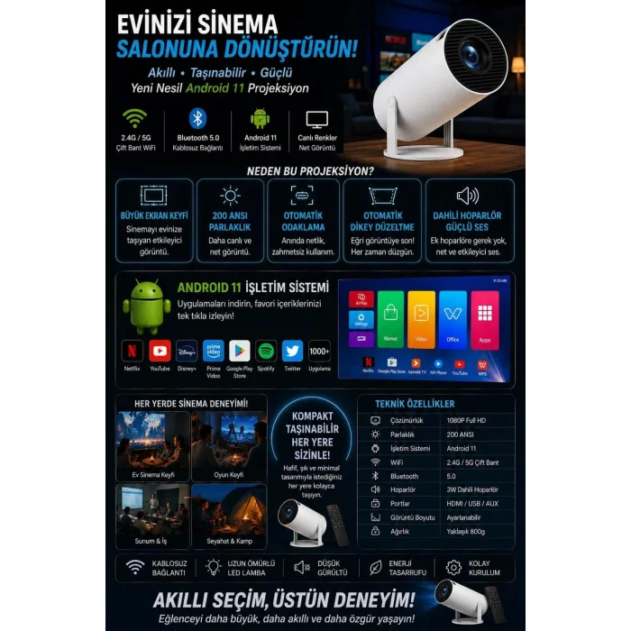 BUĞZ Taşınabilir sinema projektörü Bluetooth Android 11 akıllı projeksiyon wifi beyaz