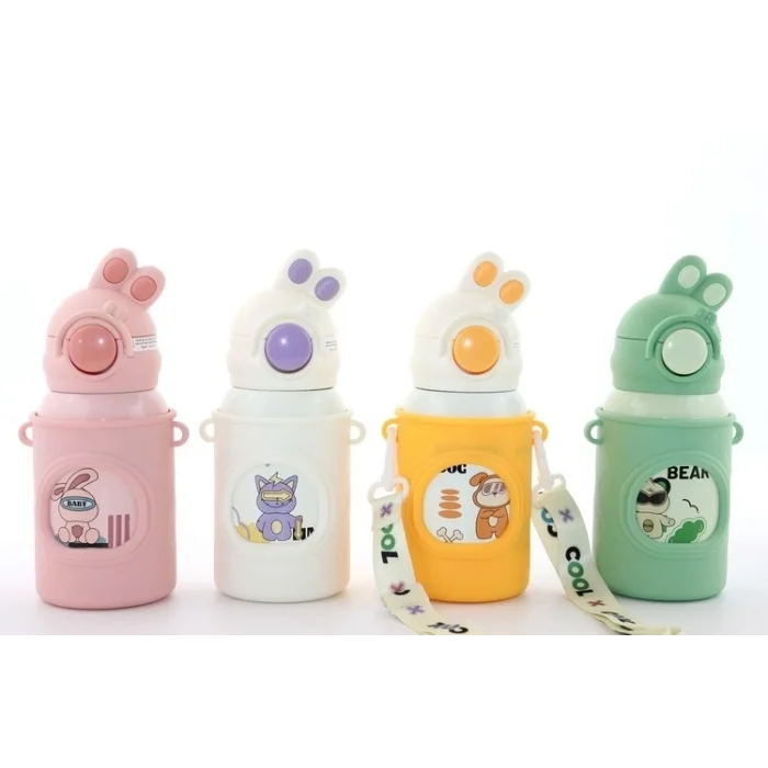 BUĞZ Tavşan Kulaklı Pipetli Çocuk Termosu - 500 Ml Paslanmaz Çelik Suluk Alk2309