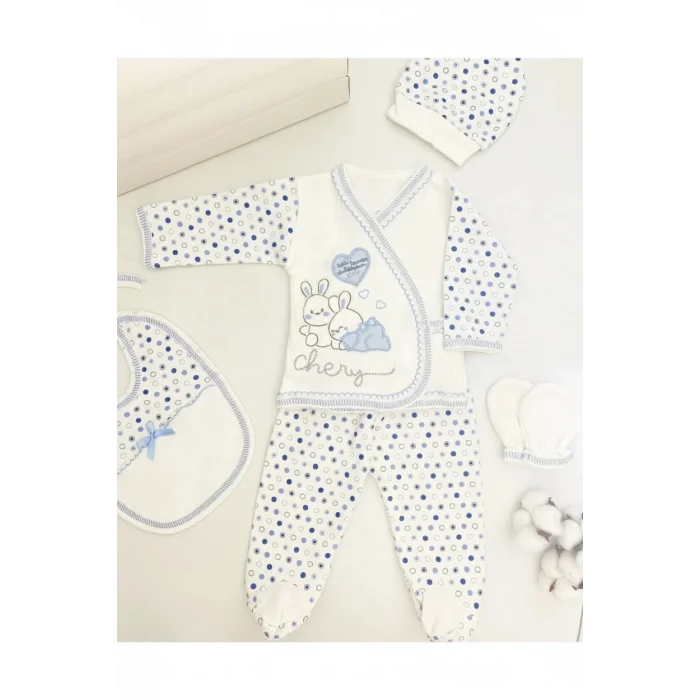 BUĞZ Tavşan Nakışlı Desenli Pamuklu Yenidoğan 5li Hastane Çıkışı Zıbın Seti