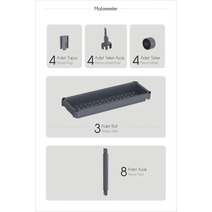  Tekerlekli 3 Katlı Çok Amaçlı Raf Ünitesi - Banyo Mutfak Düzenleyici Organizer Raf