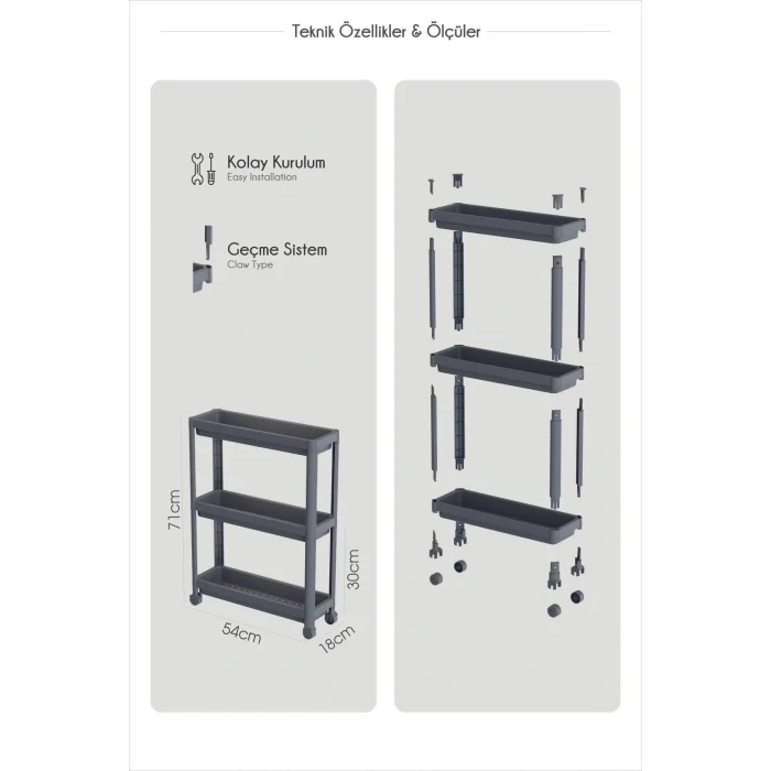  Tekerlekli 3 Katlı Çok Amaçlı Raf Ünitesi - Banyo Mutfak Düzenleyici Organizer Raf