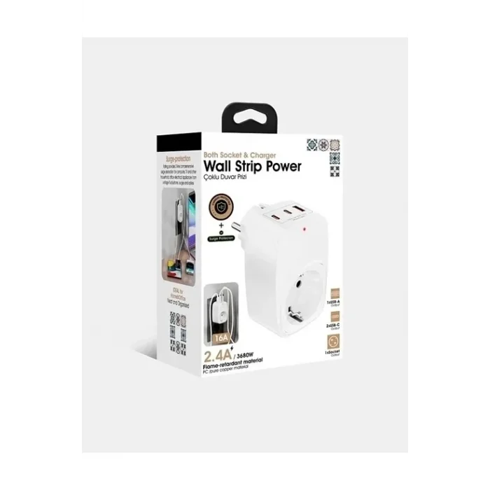 BUĞZ Tekli Yüksek Voltaj Korumalı Duvar Prizi 2x Type-c 1x Usb Çıkışlı Priz Grup Priz Çoğaltıcı Beyaz