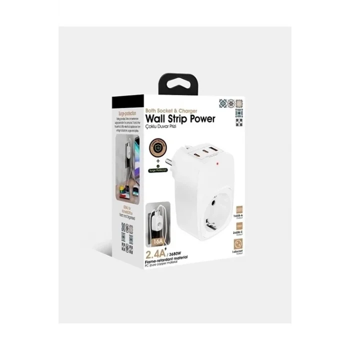 BUĞZ Tekli Yüksek Voltaj Korumalı Duvar Prizi 2x Type-c 1x Usb Çıkışlı Priz Grup Priz Çoğaltıcı Beyaz