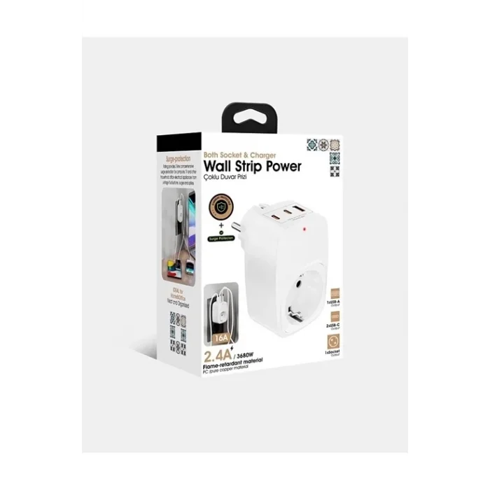 BUĞZ Tekli Yüksek Voltaj Korumalı Duvar Prizi 2x Type-c 1x Usb Çıkışlı Priz Grup Priz Çoğaltıcı Beyaz