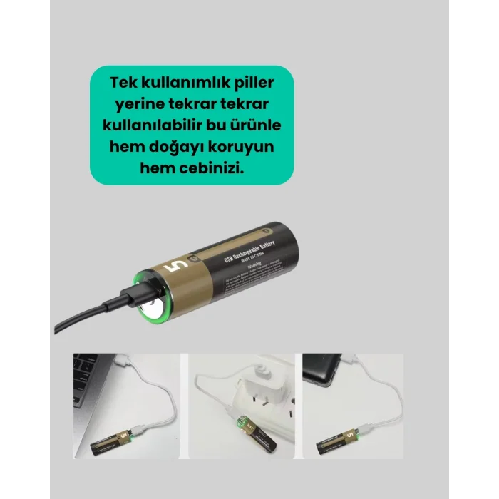 BUĞZ Tekrar Şarj Edilebilir AA USB Type-C Pil | 1000+ Döngü | 1.5V Sabit Voltaj