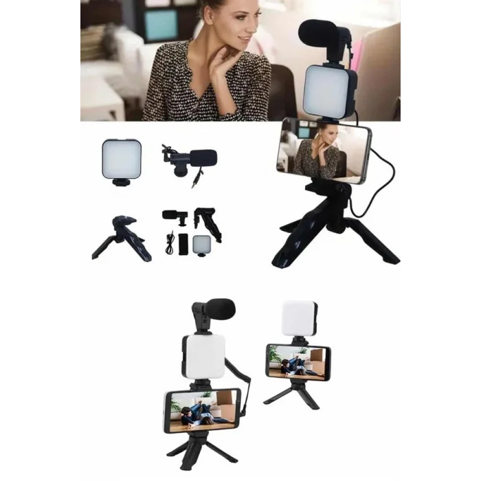 BUĞZ Telefon Tutucu Mikrofonlu Işıklı Youtuber Video Kayıt