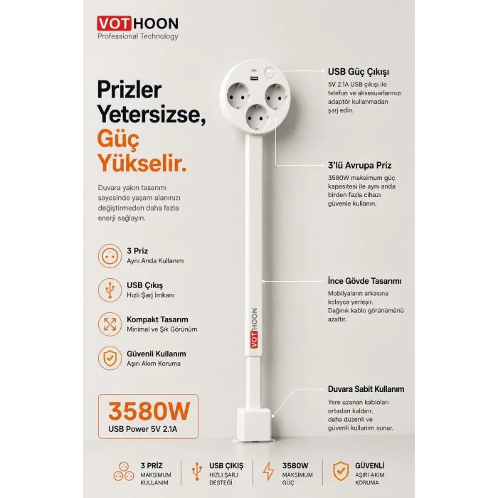 BUĞZ Teleskopik Çoklu Priz, 3’lü Topraklı + Usb-c & Usb-a, Yükseklik Ayarlı, Işıklı Anahtarlı Uzatma Priz