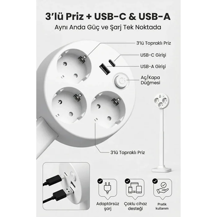 BUĞZ Teleskopik Çoklu Priz, 3’lü Topraklı + Usb-c & Usb-a, Yükseklik Ayarlı, Işıklı Anahtarlı Uzatma Priz
