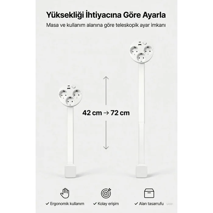 BUĞZ Teleskopik Çoklu Priz, 3’lü Topraklı + Usb-c & Usb-a, Yükseklik Ayarlı, Işıklı Anahtarlı Uzatma Priz