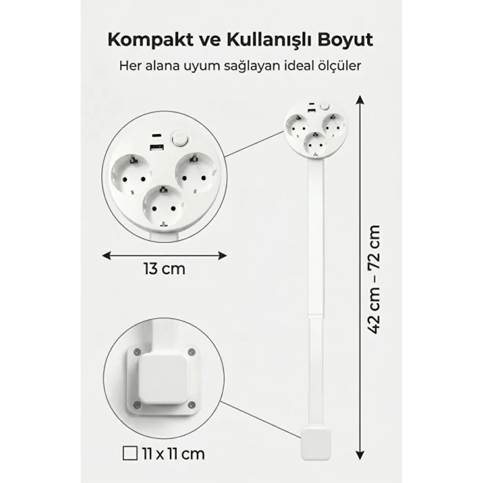 BUĞZ Teleskopik Çoklu Priz, 3’lü Topraklı + Usb-c & Usb-a, Yükseklik Ayarlı, Işıklı Anahtarlı Uzatma Priz