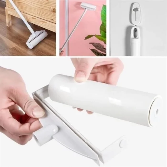  Teleskopik Saplı 24 Cm Yapışkanlı Tüy Rulosu Uzayabilen Hav Tüy Toz Toplayıcı Rulo 2 Yedekli