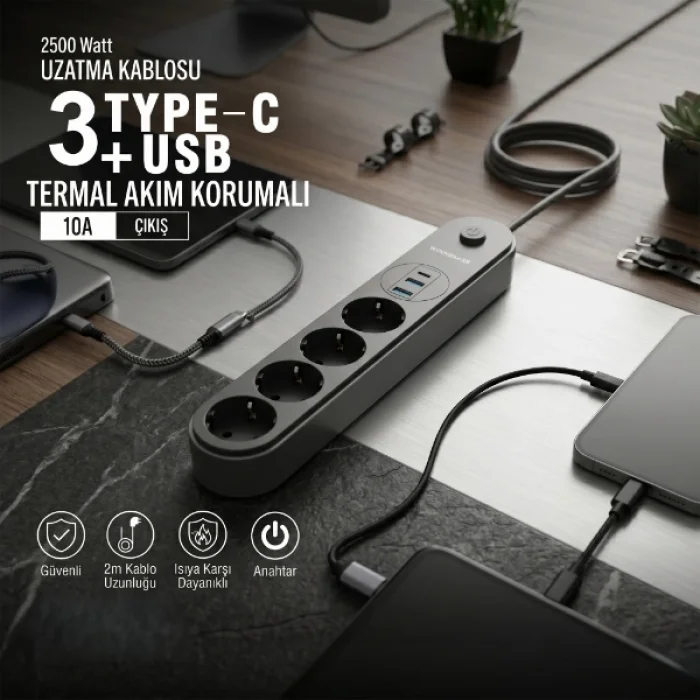 BUĞZ Termal Akım Korumalı 4 Prizli USB Girişli Uzatma Kablosu