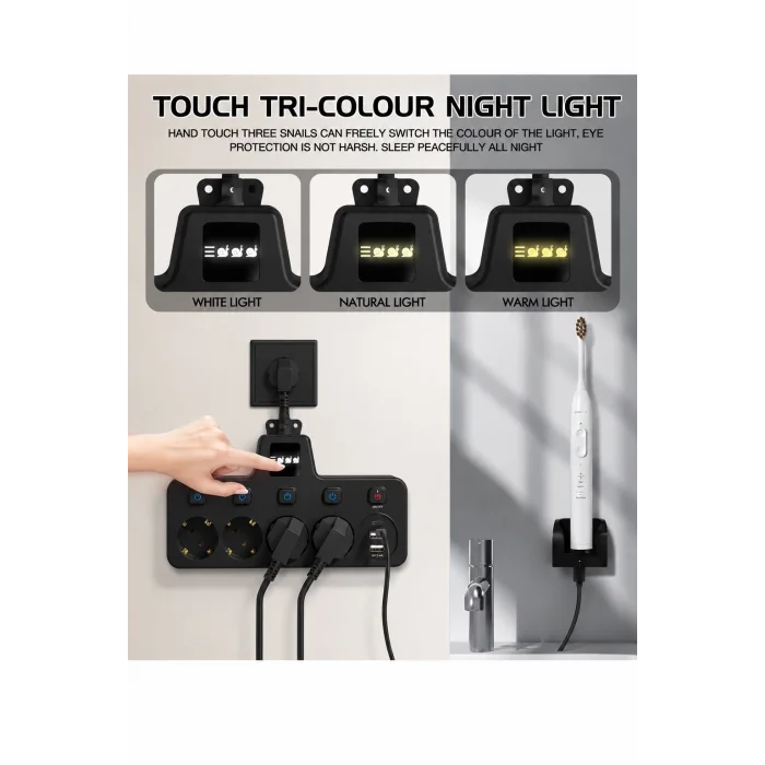 BUĞZ Termal Akım Korumalı 4’lü Duvar Tipi Priz 2x Usb 2x Type-c Çıkışlı Grup Priz Çoğaltıcı Siyah (2500w)