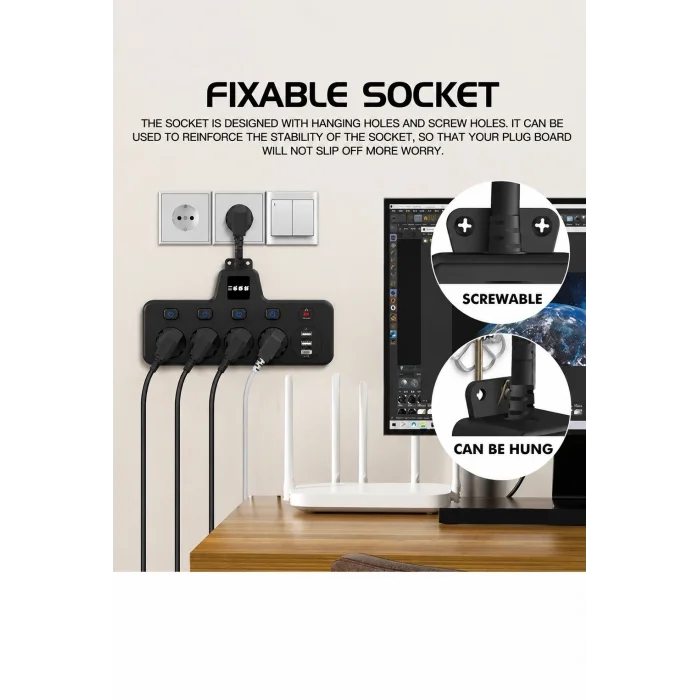 BUĞZ Termal Akım Korumalı 4’lü Duvar Tipi Priz 2x Usb 2x Type-c Çıkışlı Grup Priz Çoğaltıcı Siyah (2500w)