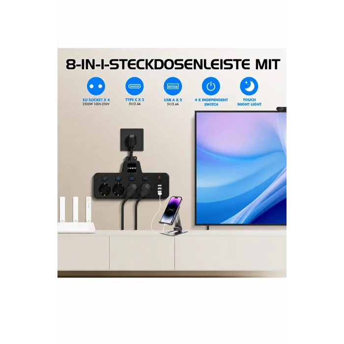 BUĞZ Termal Akım Korumalı 4’lü Duvar Tipi Priz 2x Usb 2x Type-c Çıkışlı Grup Priz Çoğaltıcı Siyah (2500w)