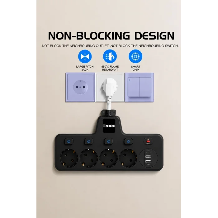 BUĞZ Termal Akım Korumalı 4’lü Duvar Tipi Priz 2x Usb 2x Type-c Çıkışlı Grup Priz Çoğaltıcı Siyah (2500w)