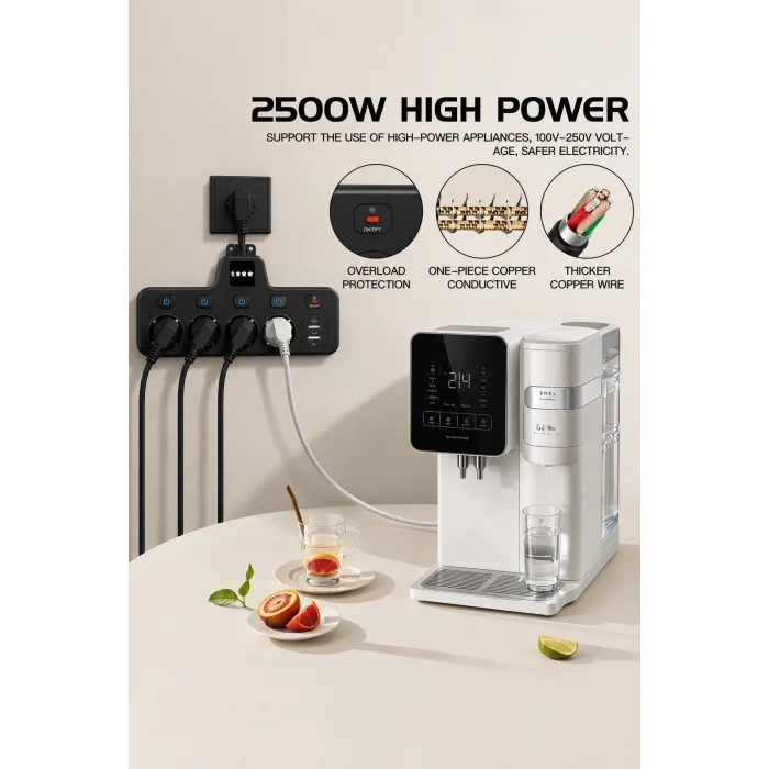 BUĞZ Termal Akım Korumalı 4’lü Duvar Tipi Priz 2x Usb 2x Type-c Çıkışlı Grup Priz Çoğaltıcı Siyah (2500w)