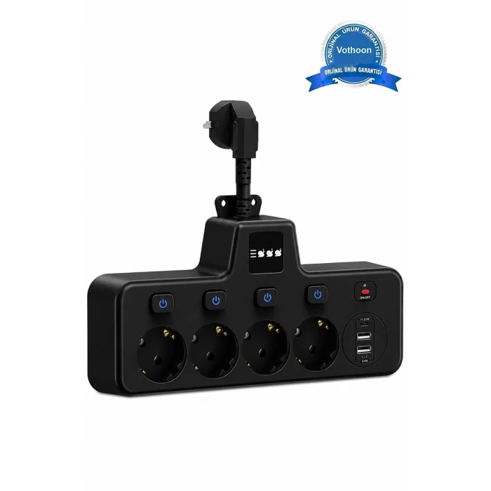 BUĞZ Termal Akım Korumalı 4’lü Duvar Tipi Priz 2x Usb 2x Type-c Çıkışlı Grup Priz Çoğaltıcı Siyah (2500w)