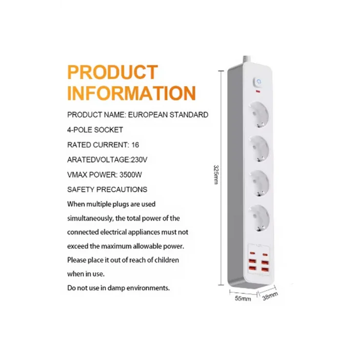 BUĞZ Termal Akım Korumalı 4’lü Priz 4x Usb 2x Type-c Çıkışlı Grup Priz Çoğaltıcı (3500w)