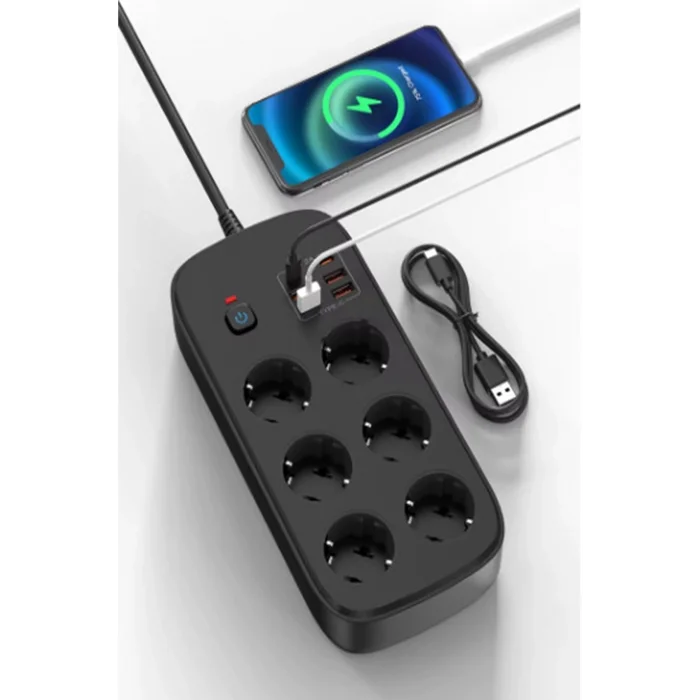 BUĞZ Termal Akım Korumalı 6’lü Priz 4x Usb 2x Type-c Çıkışlı Grup Priz Çoğaltıcı (3500w) Siyah