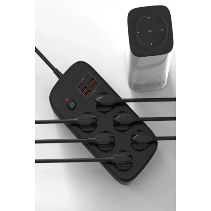 BUĞZ Termal Akım Korumalı 6’lü Priz 4x Usb 2x Type-c Çıkışlı Grup Priz Çoğaltıcı (3500w) Siyah