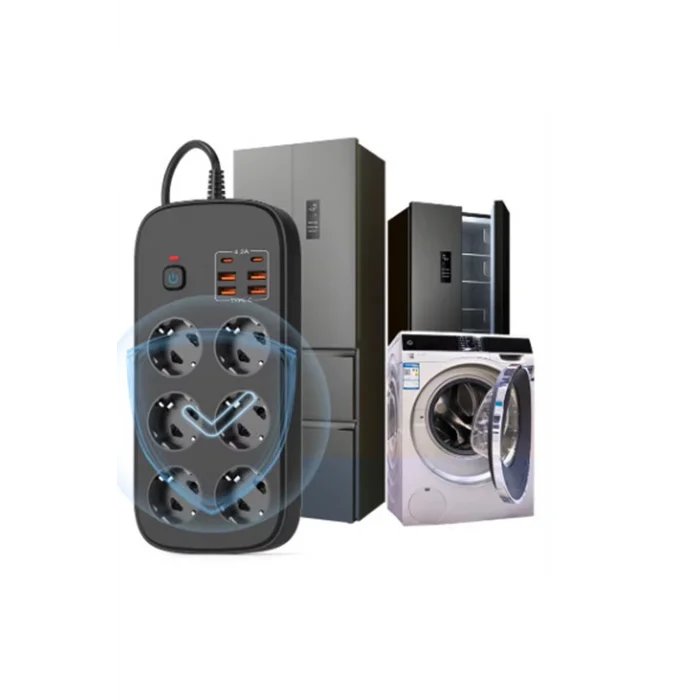 BUĞZ Termal Akım Korumalı 6’lü Priz 4x Usb 2x Type-c Çıkışlı Grup Priz Çoğaltıcı (3500w) Siyah