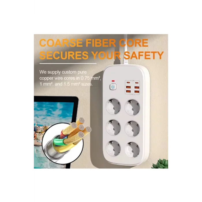 BUĞZ Termal Akım Korumalı 6’lü Priz 4x Usb 2x Type-c Çıkışlı Grup Priz Çoğaltıcı (3500w) Siyah