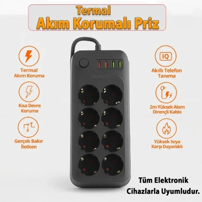 BUĞZ Termal Akım Korumalı 8 Prizli Uzatma Kablosu